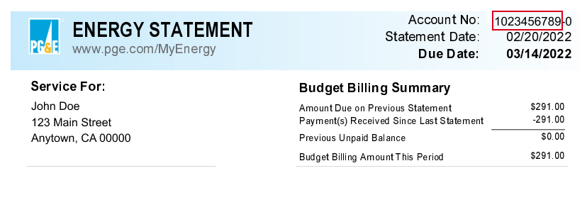 An image that shows your billing account number can be found in the upper right portion of your PG&E bill.